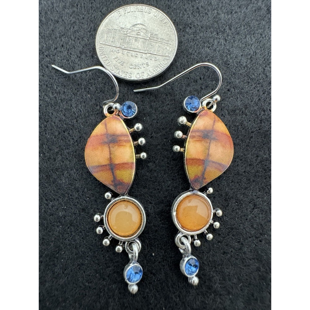 Orange Blue Boho Long Dangle Earrings Silver Tone Rhinestone Hooks NEW